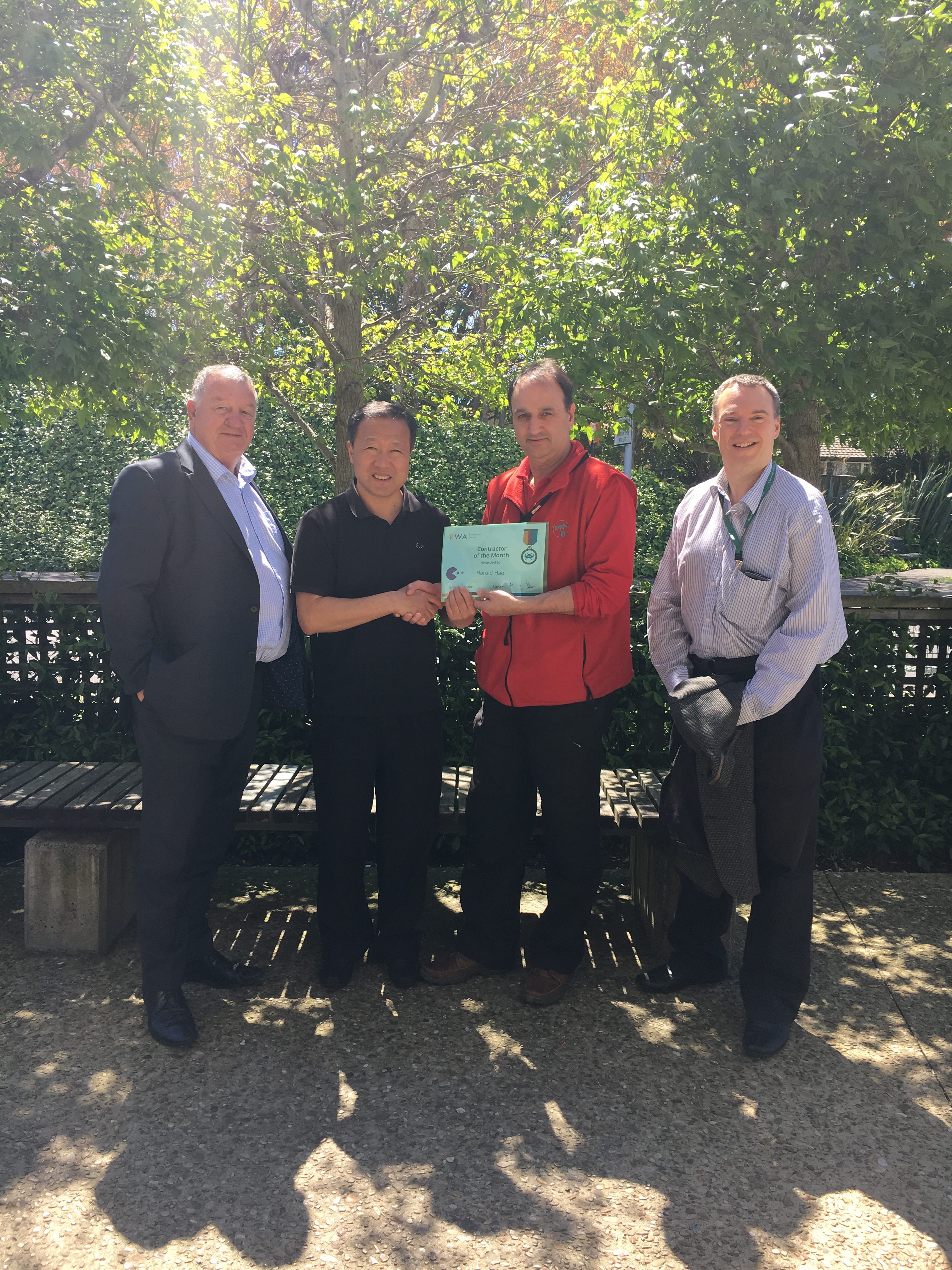 RWA Director, Mike Hogg (Left), Harold Hao (Centre-left), National NZ IT Applications Manager, Mo Khomami (Centre-right), National NZ IT Service Manager, Zane Shailer (Right)